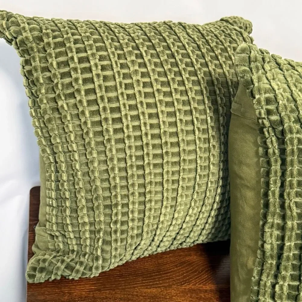 Crate & Barrel 2 green velvet pillows 18x18